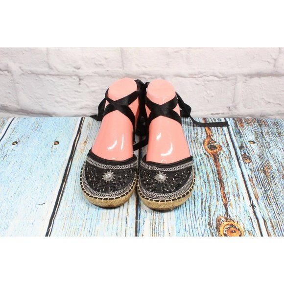 Tintori Black Beaded Embroidered Espadrille Lace-up Sandals Size 40 / 9 - Picture 5 of 9